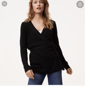 LOFT Tie Waist Black Wrap Sweater Size XS